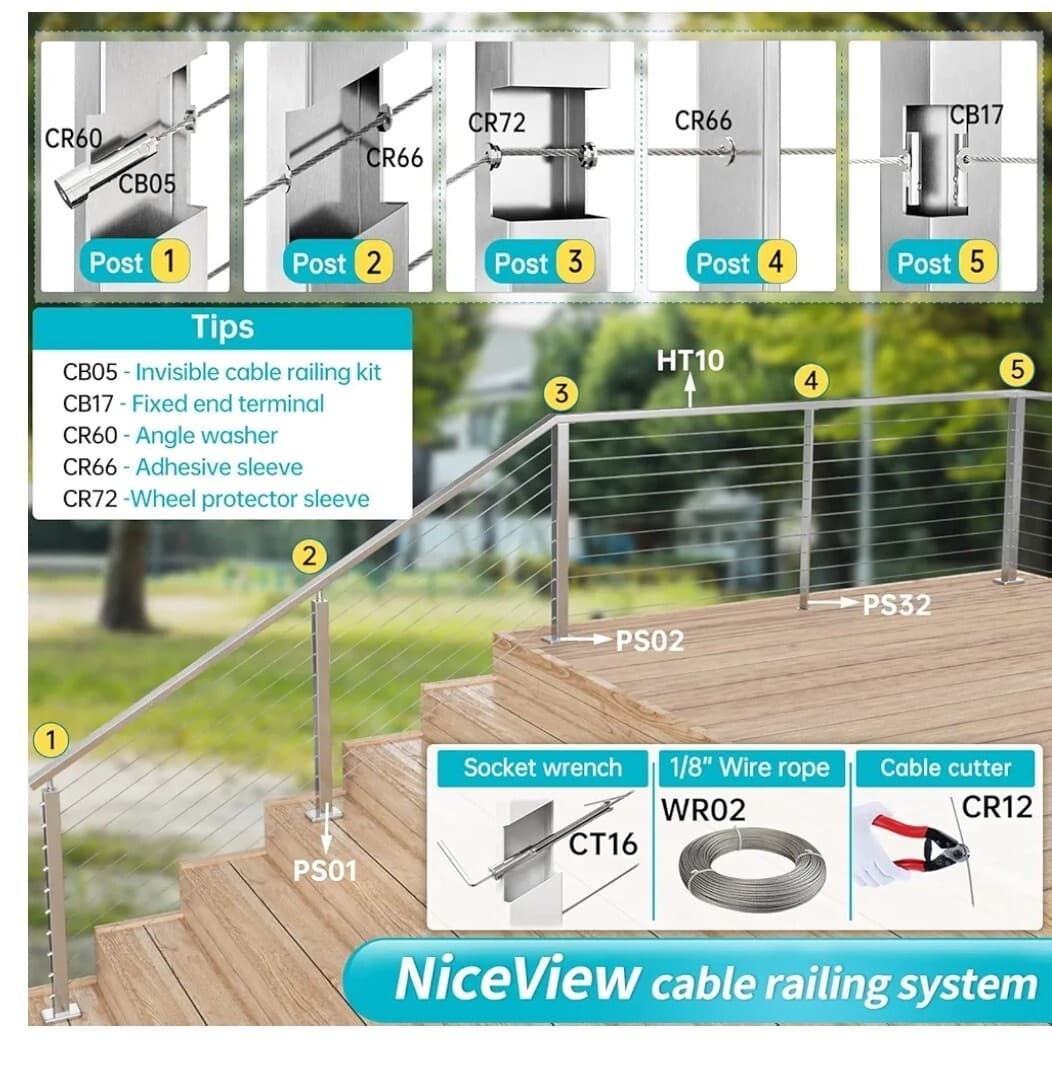 4 Pack Level drilled Cable Railing Line Post 42"x2"x2" Adjustable Top Level Deck 5