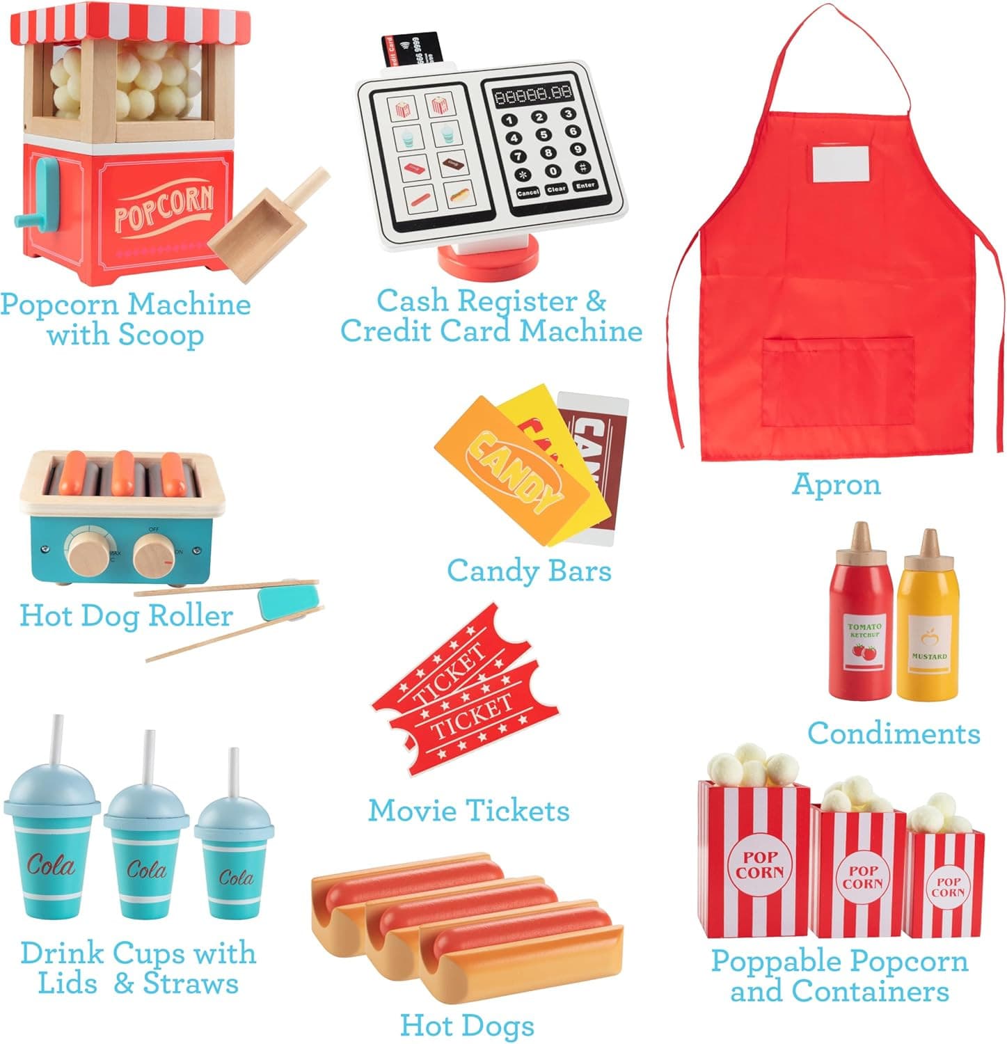 Movie Theatre Snack Bar Wooden Playset - Pretend Concession Stand Fun- Full Set 2