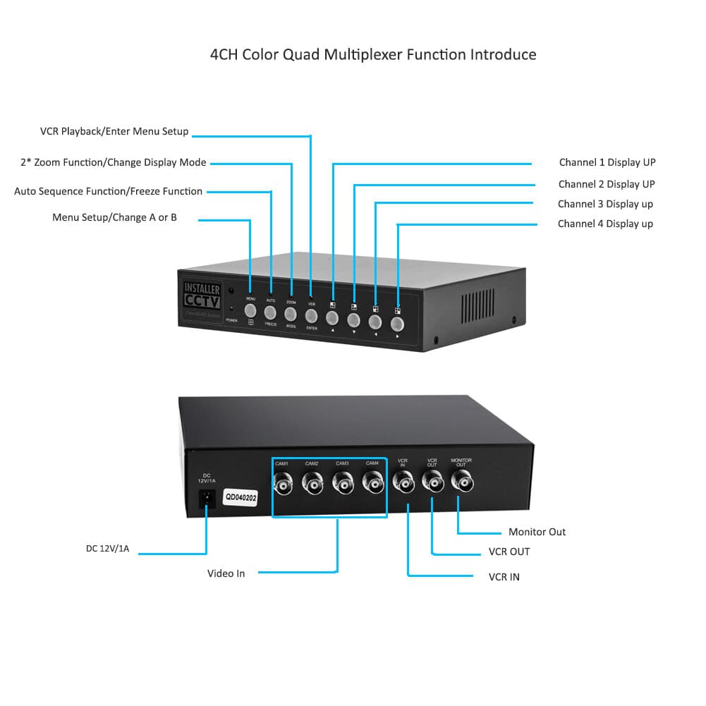 InstallerCCTV Video Quad Color 4CH Multiplexer 2 BNC Output w/ Remote Control 3