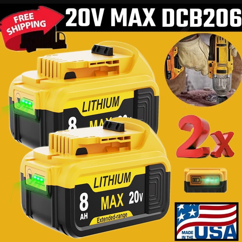 2Pack 8.0AH Lithium Ion Battery For DeWalt 20V 20 Volt Max DCB206 DCB200 DCB204 2