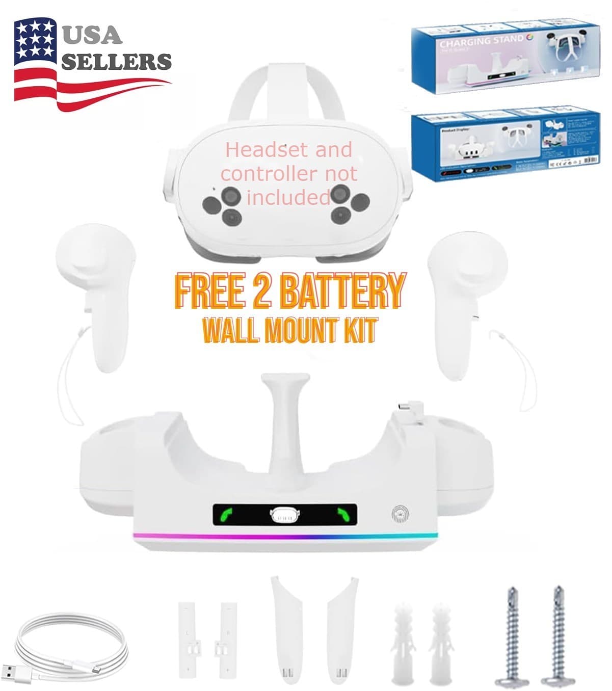 For Meta Quest 3S/ 3 Headset Controller Charging Dock Charger Stand Station RGB