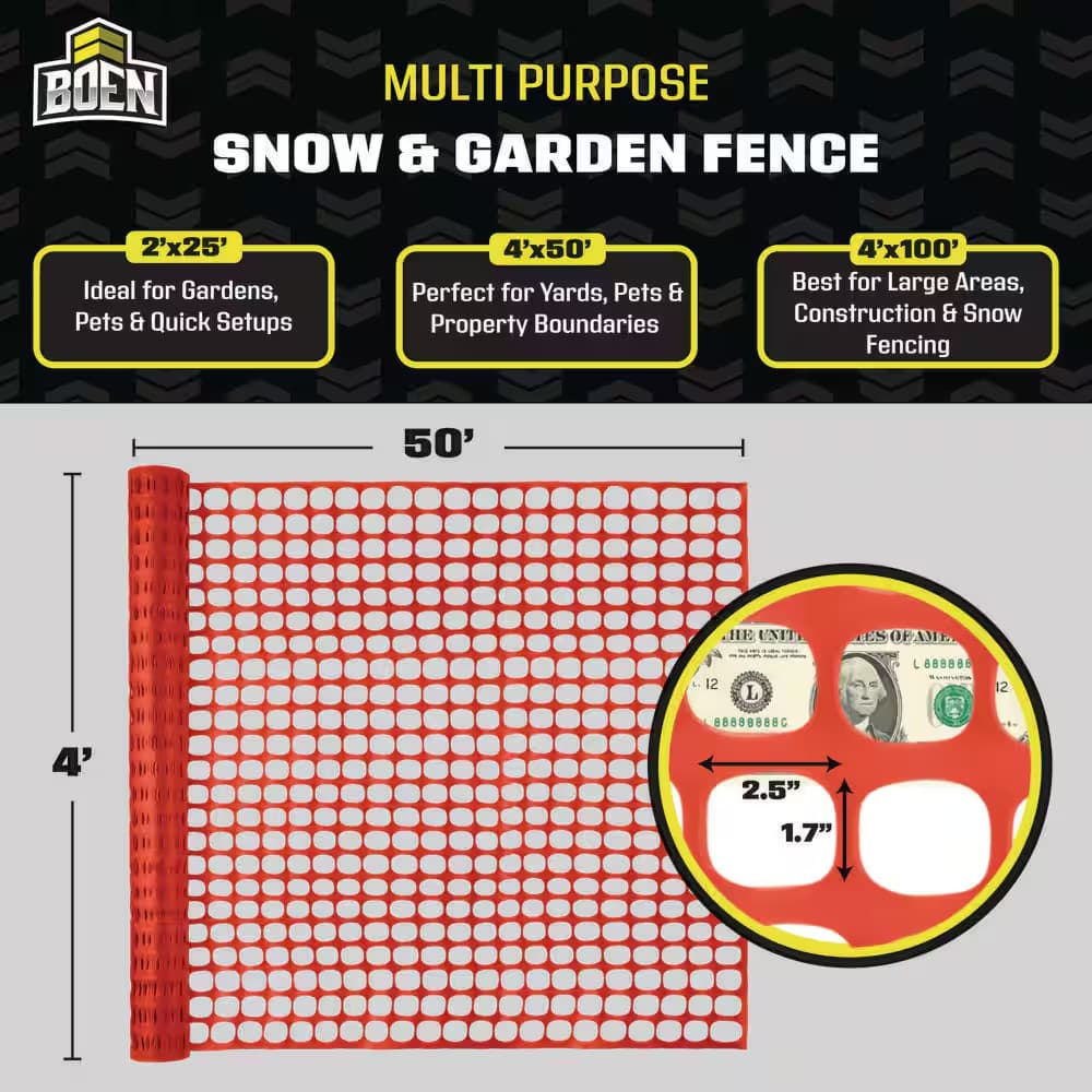 Snow Fence 4 ft. x 50 ft. Orange Construction Barrier Hi-Visibility UV Resistant 2