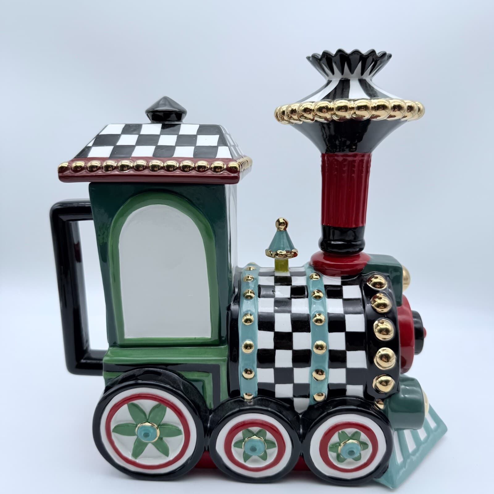 RARE Complete Mackenzie Childs Christmas Train 5 Piece Ceramic Set Courtly AS IS 3