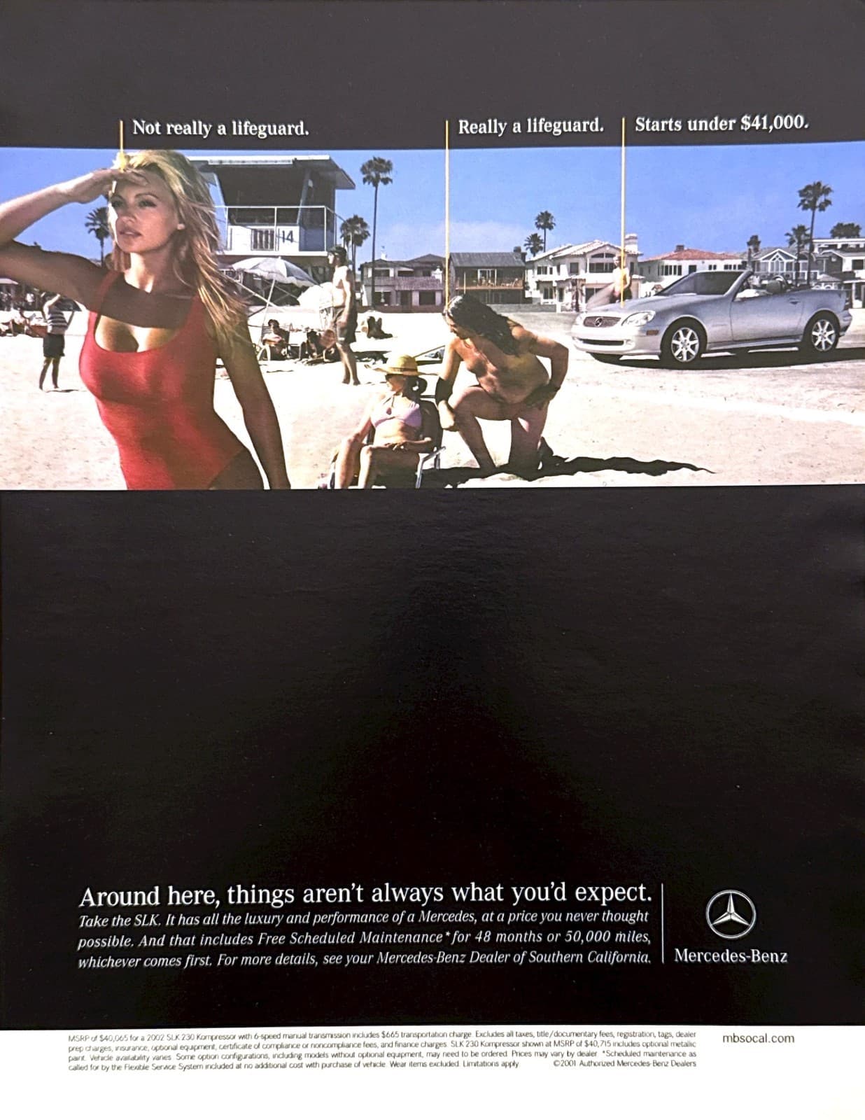 2002 Pam Anderson Baywatch Mercedes-Benz SLK 230 Kompressor Convertible print ad