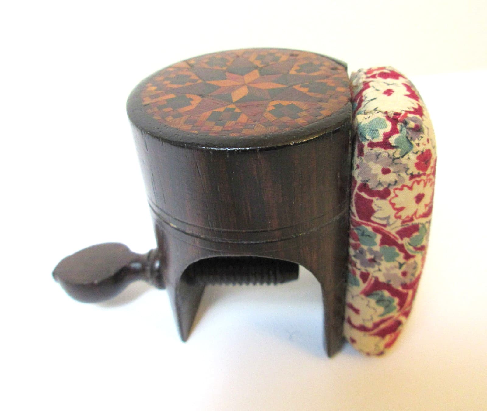 Antique Rosewood Sewing Clamp and Pin Cushion Stickware Decoration 3