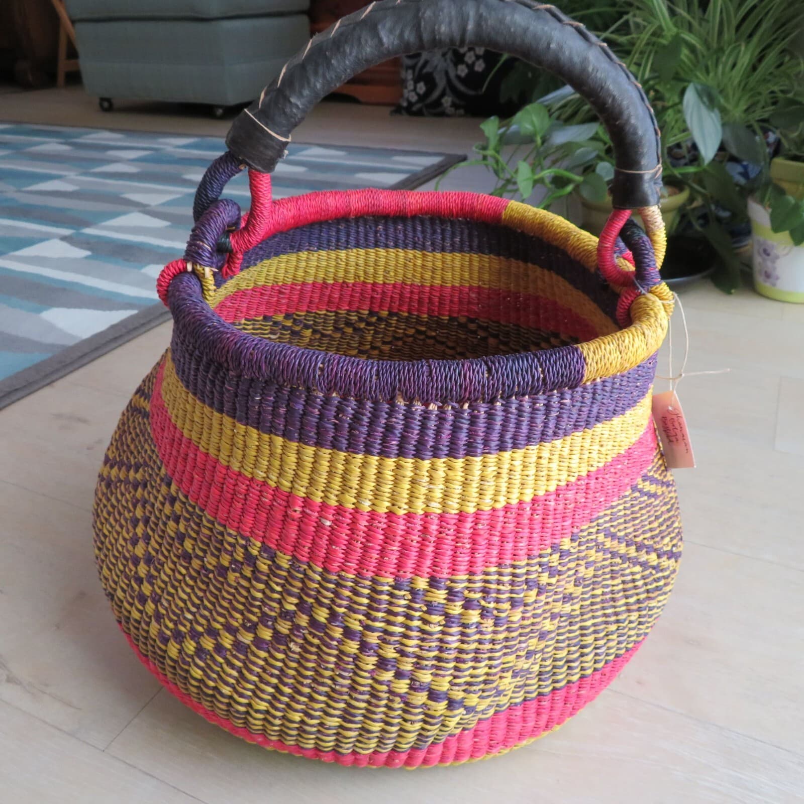 Handmade NEW Ghana Bolga Market Basket with Leather Handle Large Round 2
