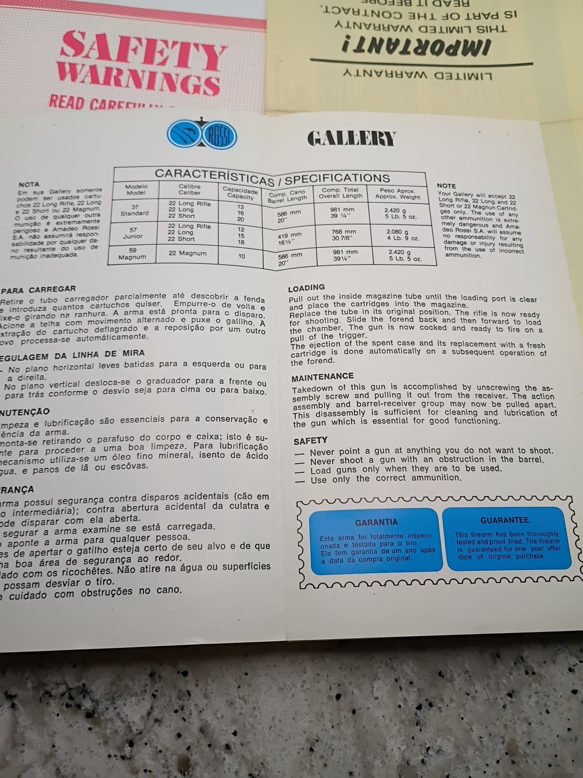 ROSSI Gallery Model  Pump Action Rifle Manual 3