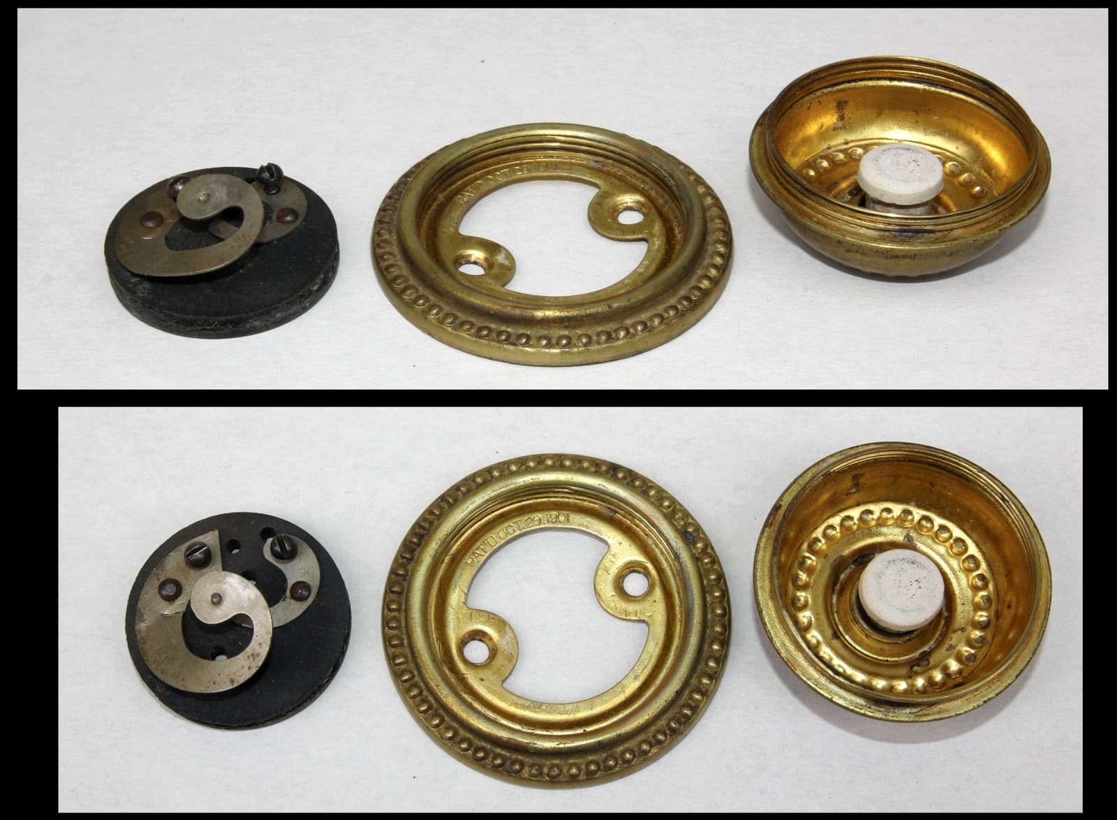 Antique Patented 1901 Round Beaded Brass Doorbell w Bakelite or Stoneware Button 4