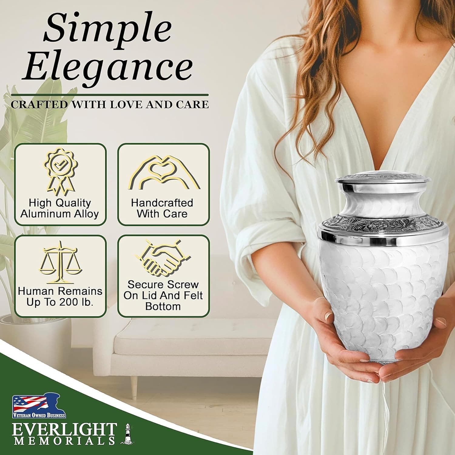 Large Adult Cremation Urn for Human Ashes, Aluminum, 11"X7", White Reflections 4