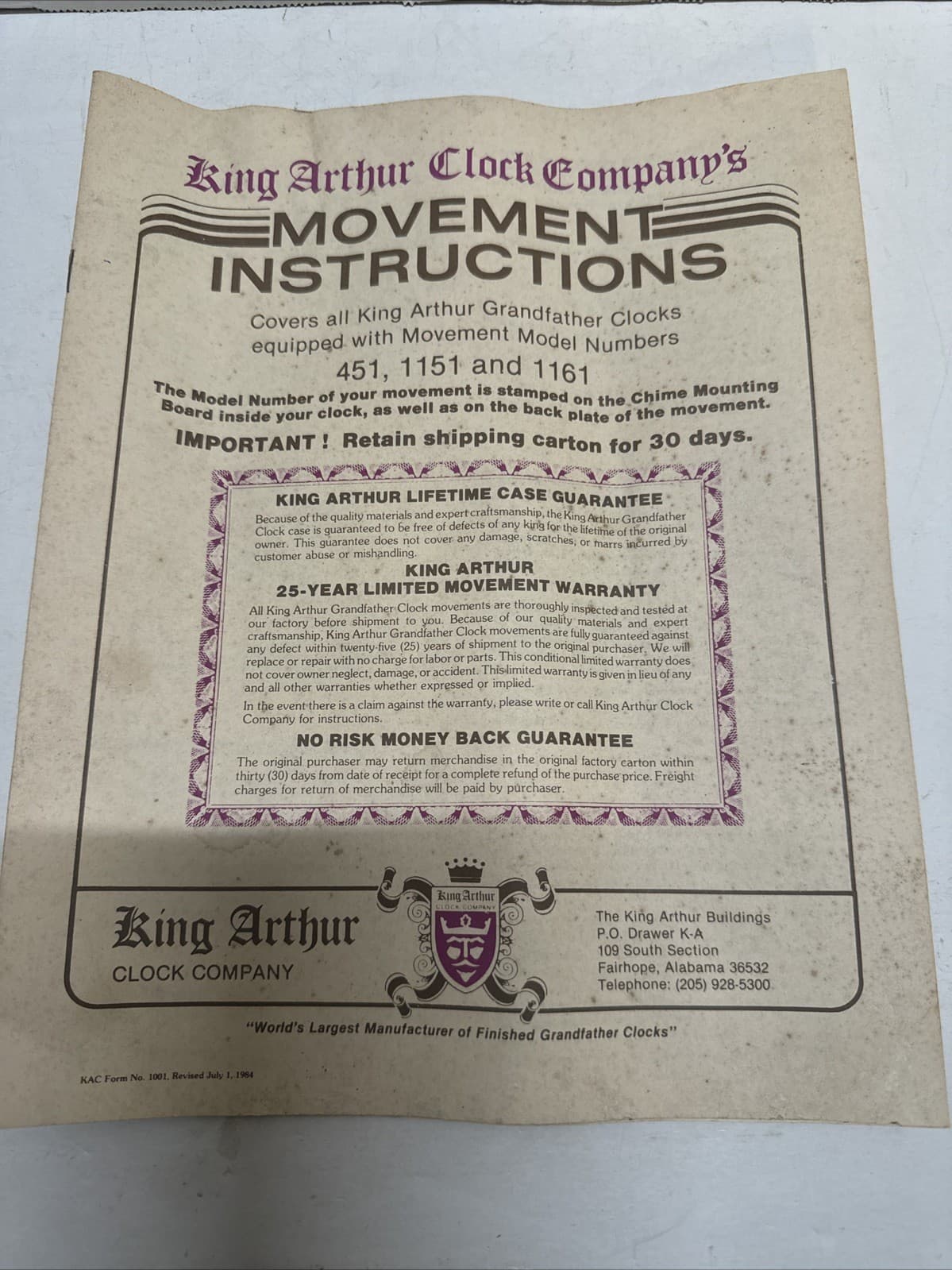 King Arthur Vintage Grandfather Clock  operating instructions manuel Movement