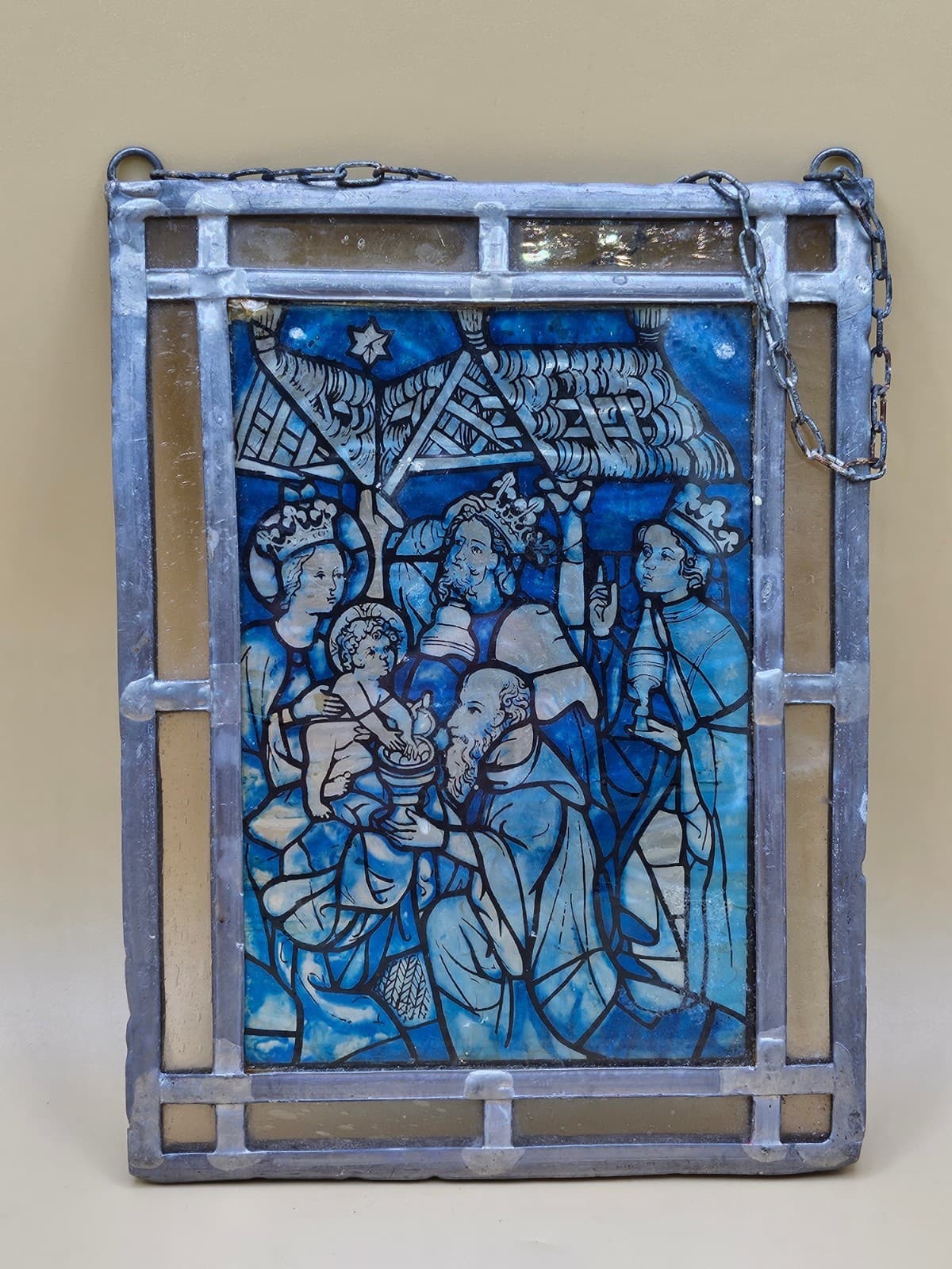 Small Stained Glass Image of the Magi greeting the Christ Child, Blue and Silver 3
