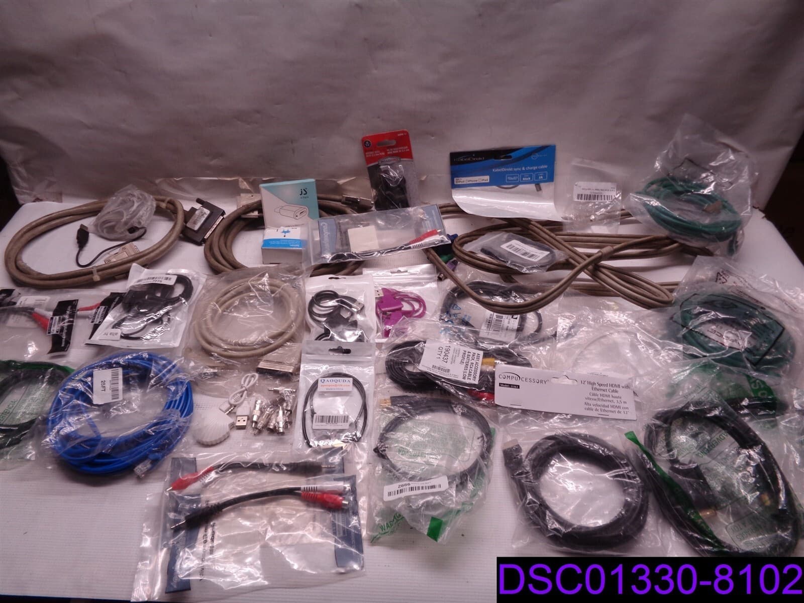 Qty = 81 Mixed Lot of Computer Cables, Chargers, Data Cables, & More