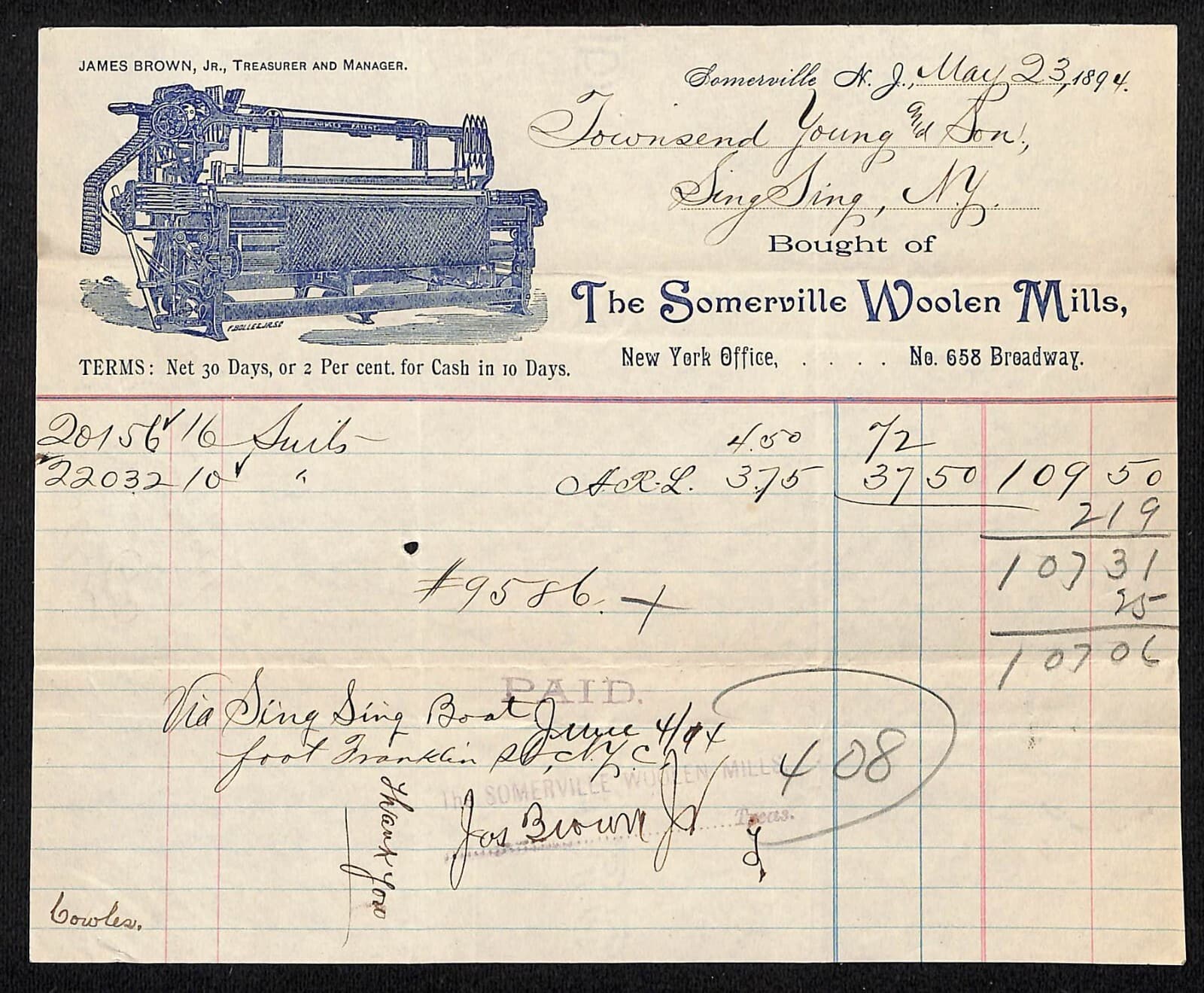 Somerville Woolen Mills Somerville, NJ 1894 Billhead Townsend Young (Sing Sing)