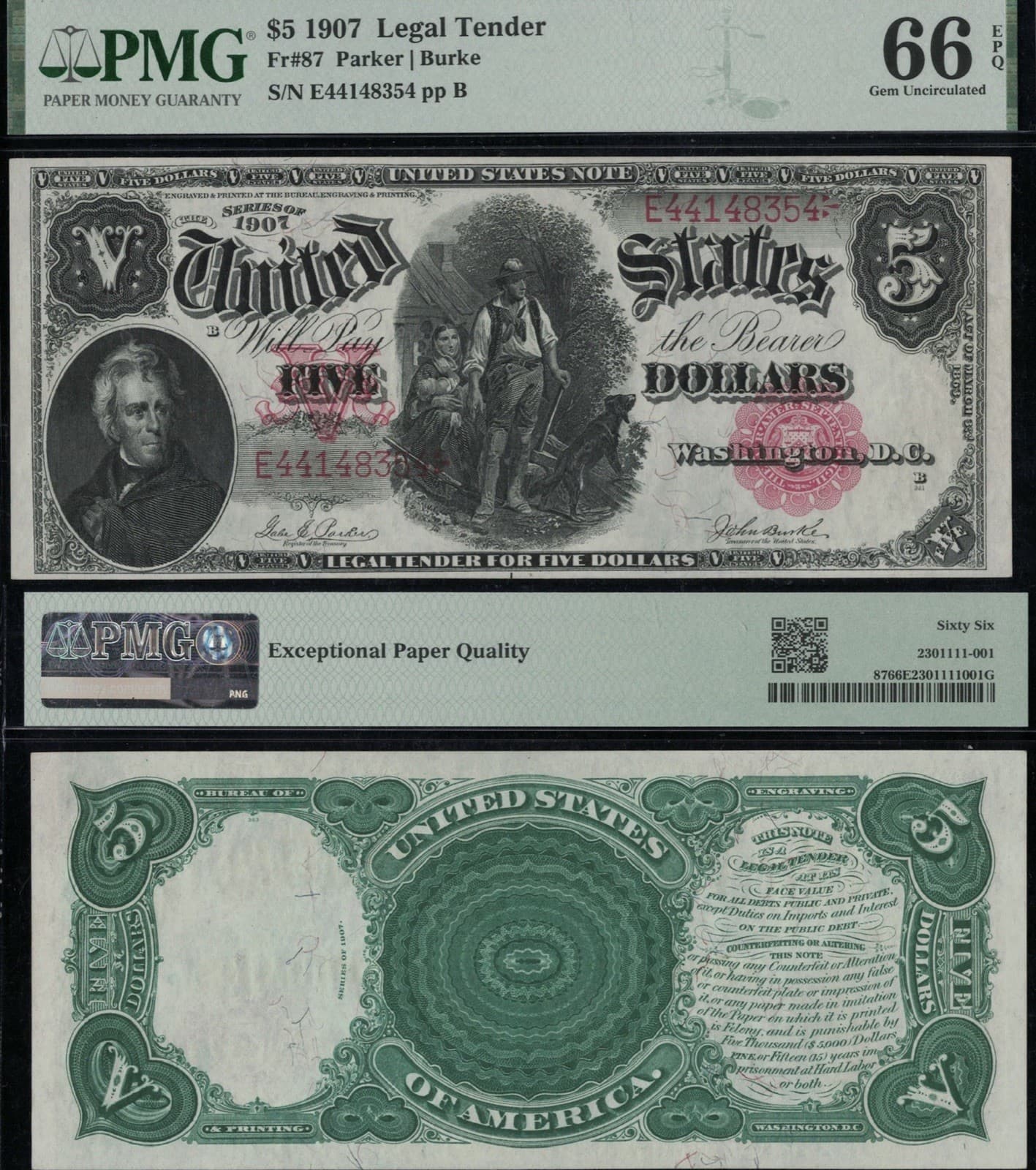 SC 1907 $5 Fr.87 Legal Tender Woodchopper Red Seal PMG 66 EPQ GEM Uncirculated