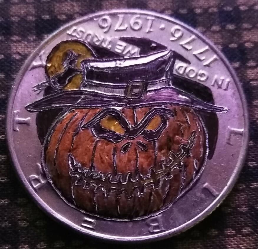 Hobo Nickel hand carved original by J&M Tarantula Kennedy as happy Halloween 2