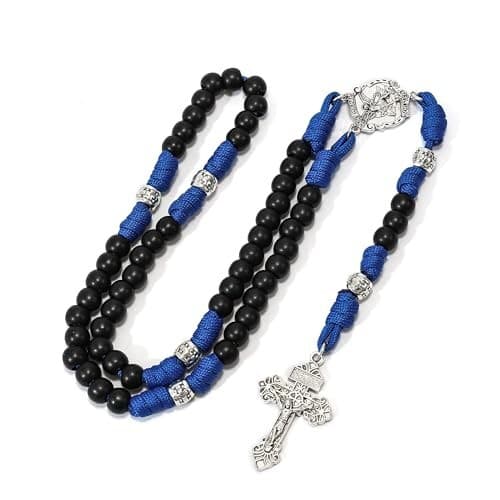St. Michael Blue Paracord Rosary Black Beads Corded Rosary Pardon Cross 2
