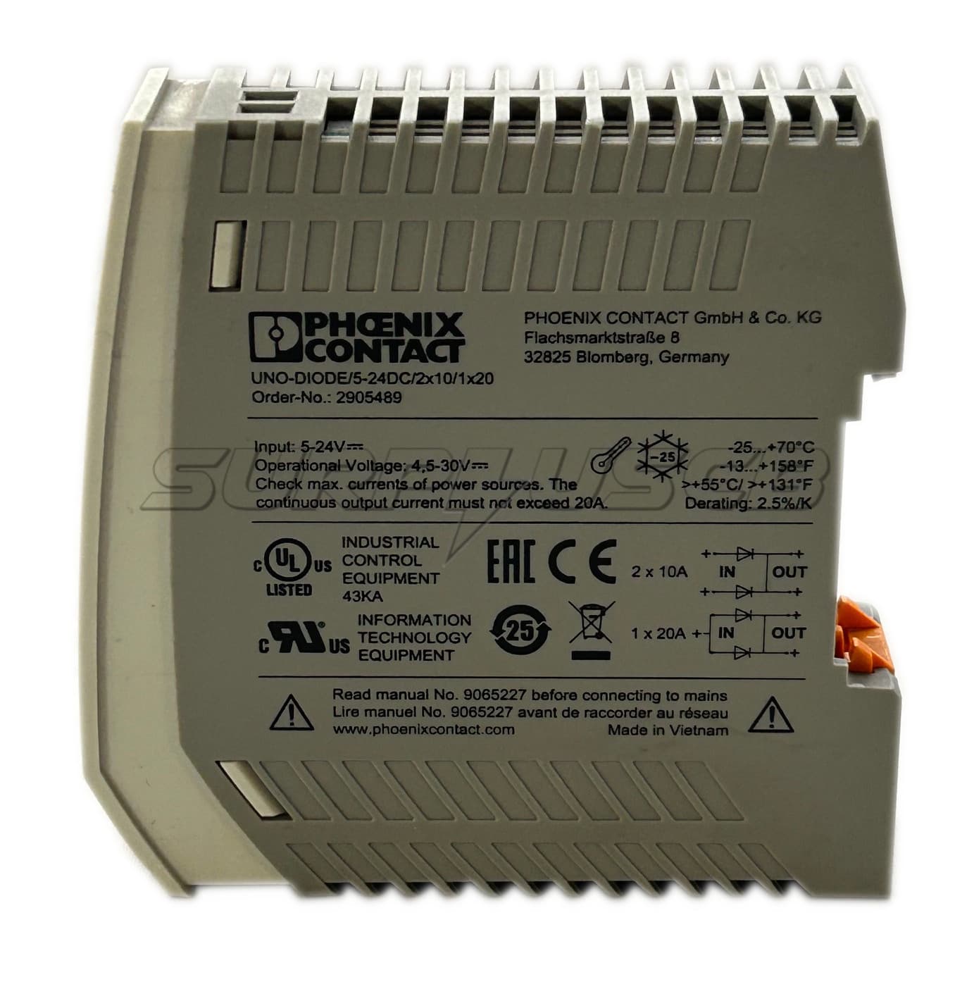 Phoenix Contact UNO-DIODE/5-24DC/2X10/1X20 Redundancy module, 5 V - 24 VDC 2