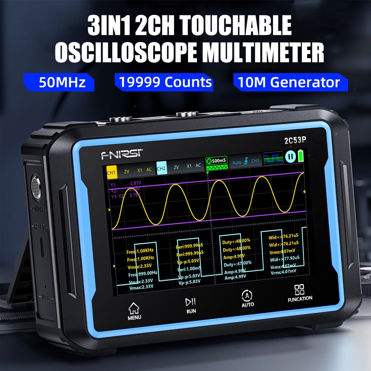 3-in-1 Automotive Oscilloscope DDS Signal Generator Multimeter 50MHz 250MS/s 2