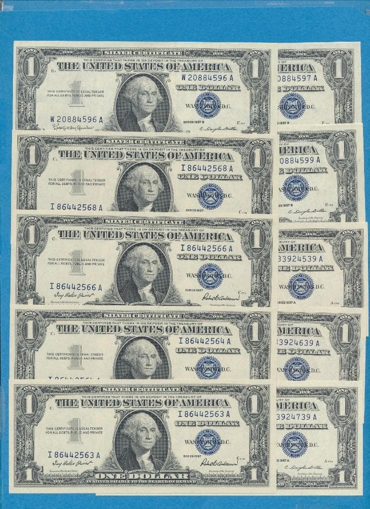 10-$1.00 1957+1957-A +1957-B SILVER CERTIFICATES  CHOICE + GEM NEW  DEALERS LOT 2