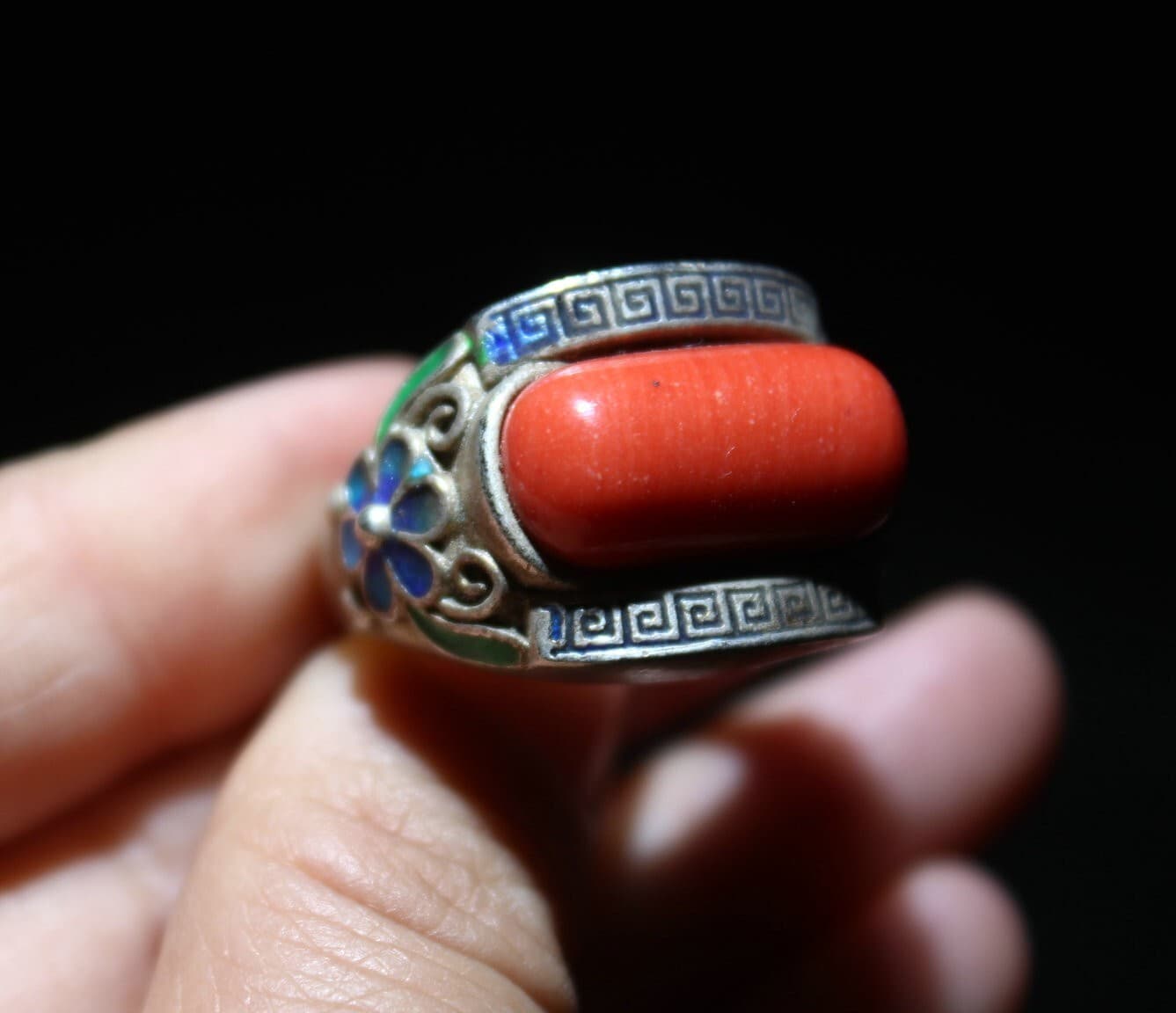 Rare Old Chinese Cloisonne Silver Inlay Red Gem Flower Jewelry Figure Ring 6