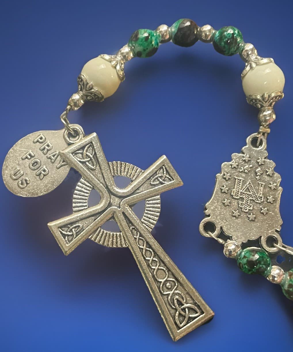 Catholic Green Marble Glass Rosary, Celtic  Crucifix, + St Patrick Medal 6