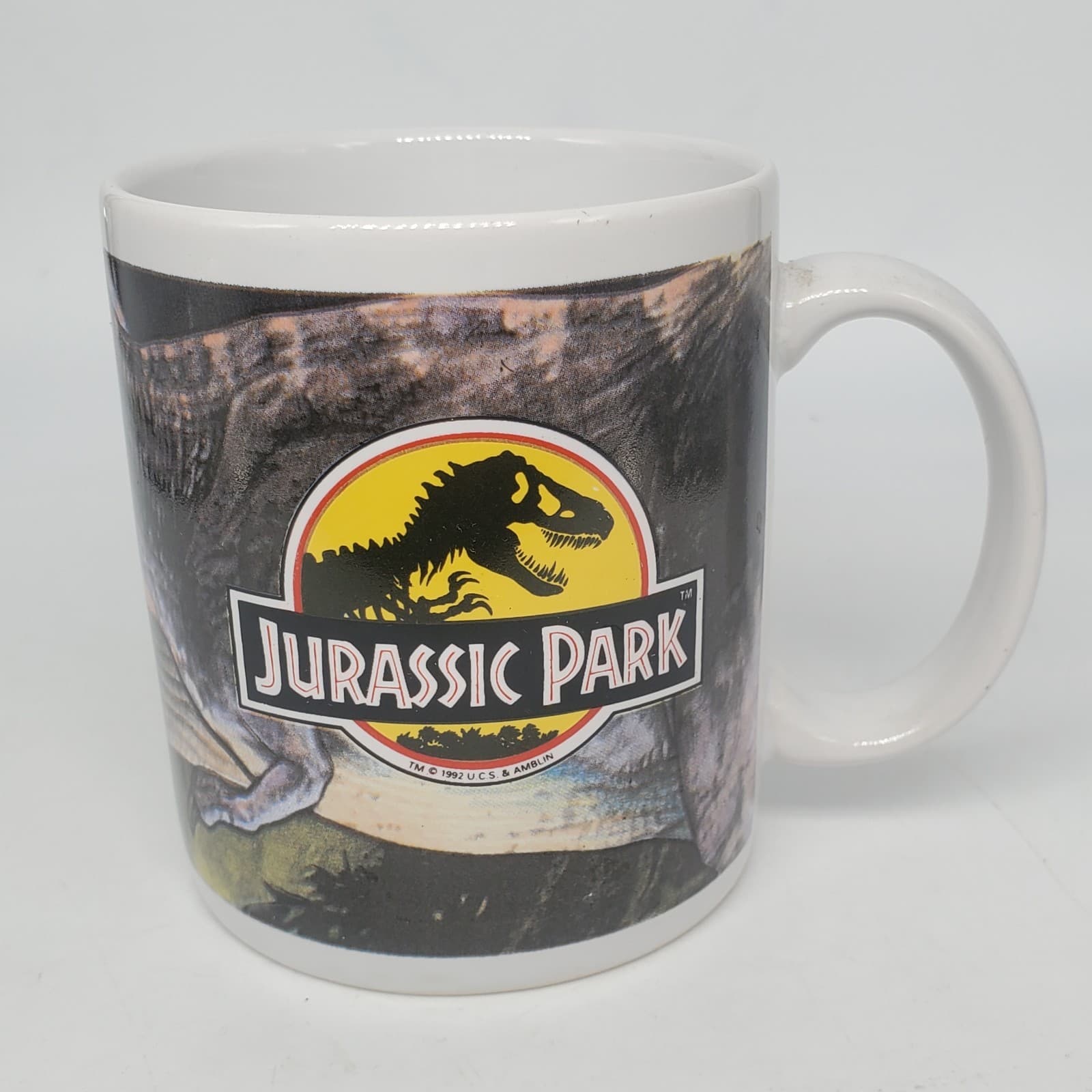 Vintage Jurassic Park T-REX Dinosaur White Coffee Mug Dakin 1992 VG Condition 