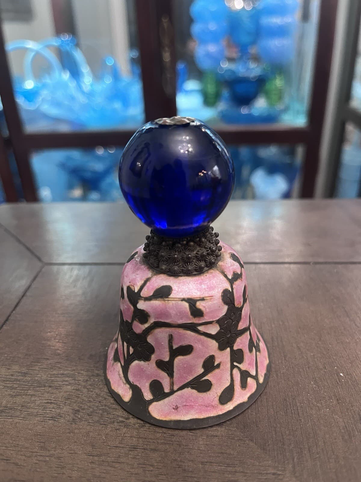 Antique Qing Dynasty Enamel Bell Hat Finial 19th Century Cobalt Blue Peking Gla