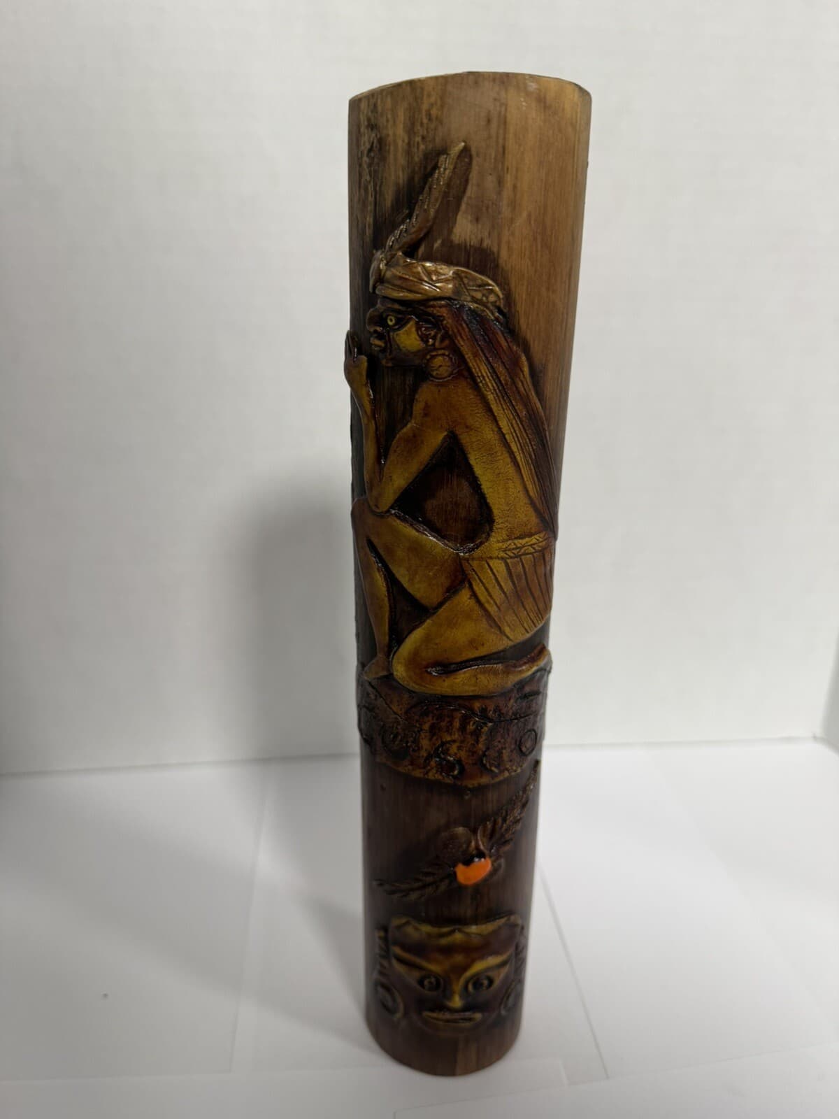 Vintage PERU CUSCO Peruvian Wood Totem Pole Rattling Rainstick Folk Art 4