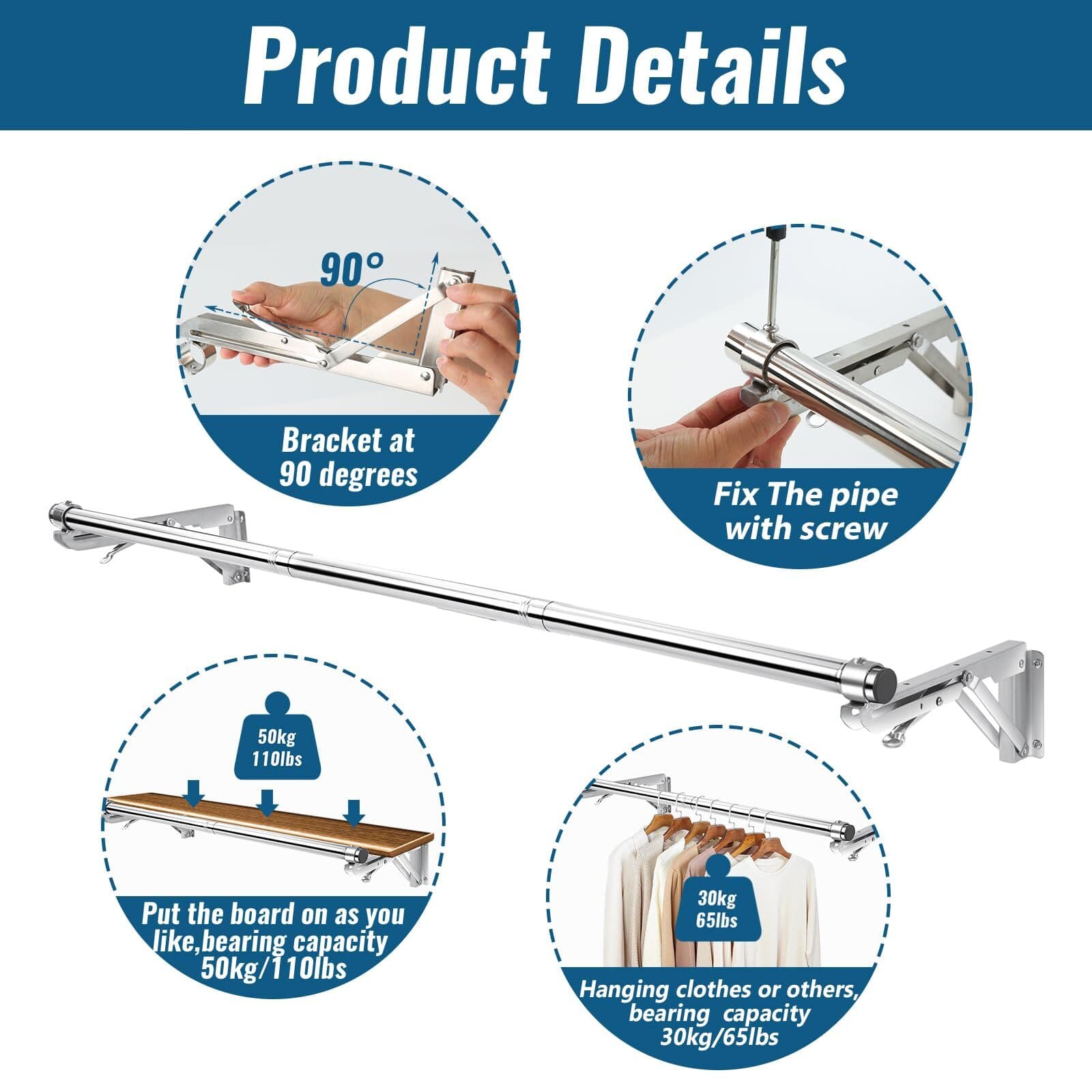 Foldable Wall Mounted Clothes Rack44'' Long Rod&2 Basesstainless Steel Heavy Dut 4