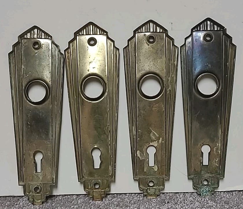 Set of 4 Brass Art Deco Door Knob Backplates with Key Holes 6"x1.75" Ships FREE 3