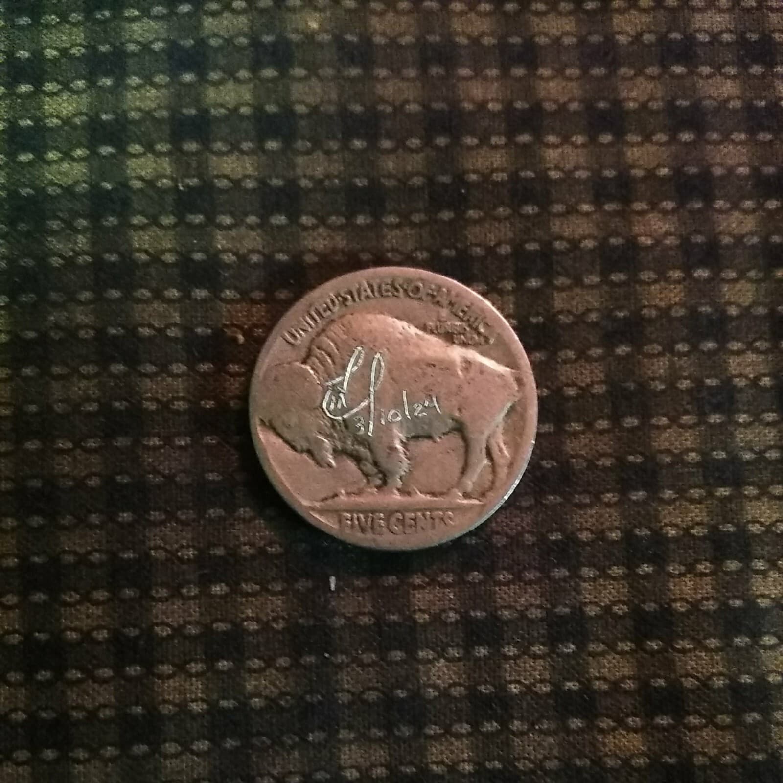 Hobo coin buffalo Nickel hand carved original by J&M Tarantula as on the Warpath 4