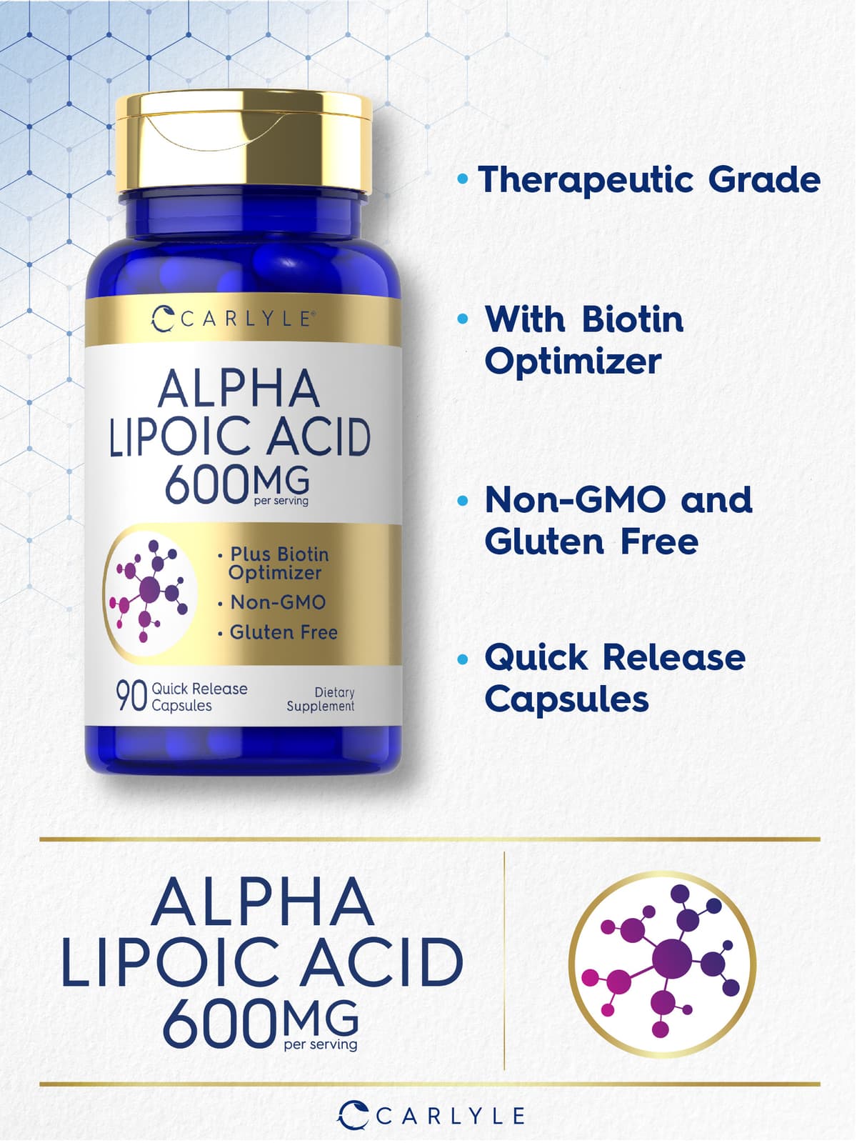 Alpha Lipoic Acid 600mg | Plus Biotin Optimizer | 90 Capsules | by Carlyle 3