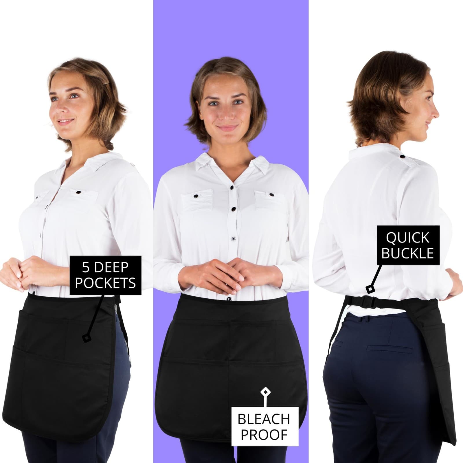 2× Server Apron with 5 Pockets Half Waitress Apron Women Men Waitress Tool Bag 3