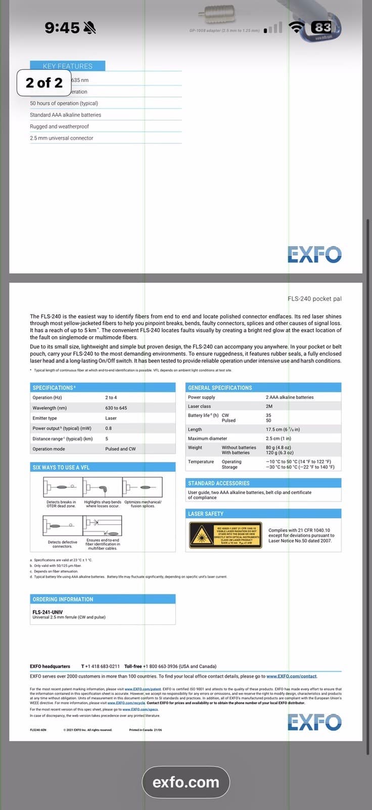 EXFO FLS-240 FLS-241-UNIV Pocket Pal Visual Fault Locator New 4