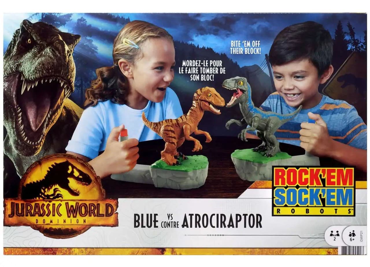 Rock 'Em Sock 'Em Robots Blue vs Atrociraptor Jurassic World Dominion Game