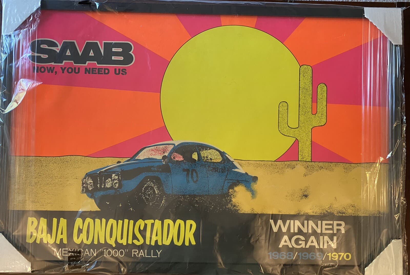 1970 Saab Baja Conquistador Original Promotional Framed Screen Print Poster