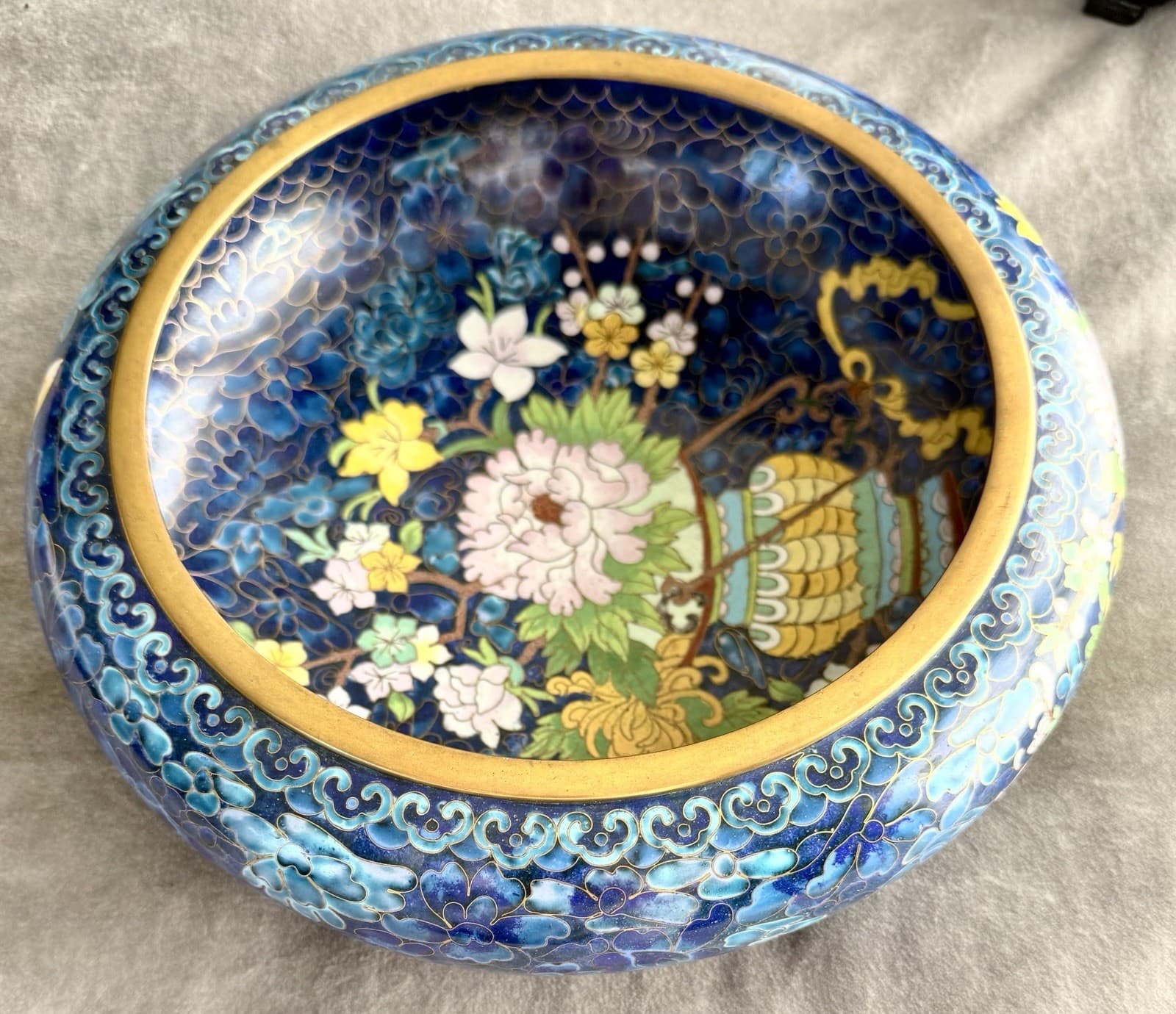 Vtg Chinese Cloisonné Enamel Bowl And Carved Wood Stand Floral Vase Motif 10.25" 6