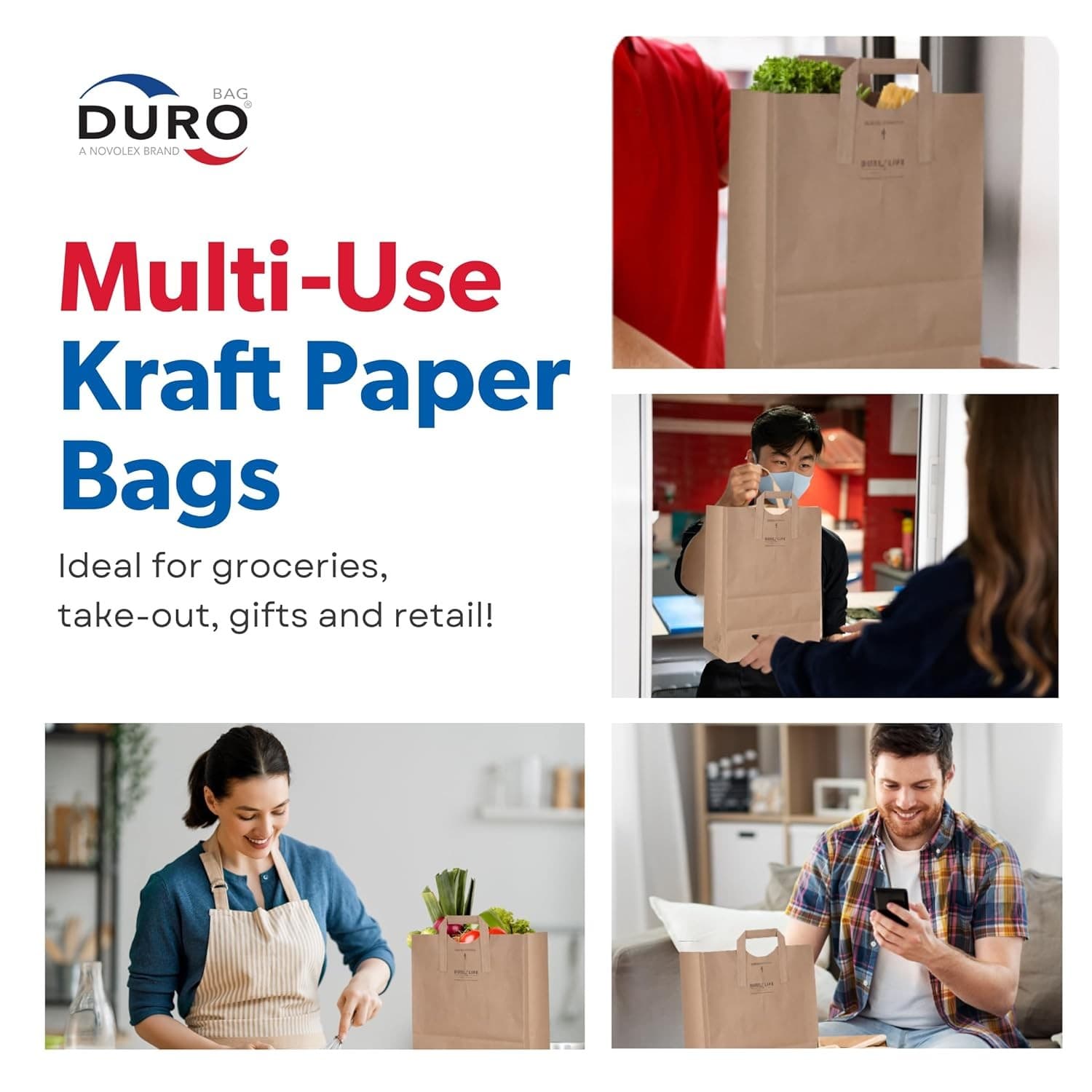 Duro 70# Large Brown Paper Bags with Handles Bulk 50 Count, 12 x 7 x 17  5