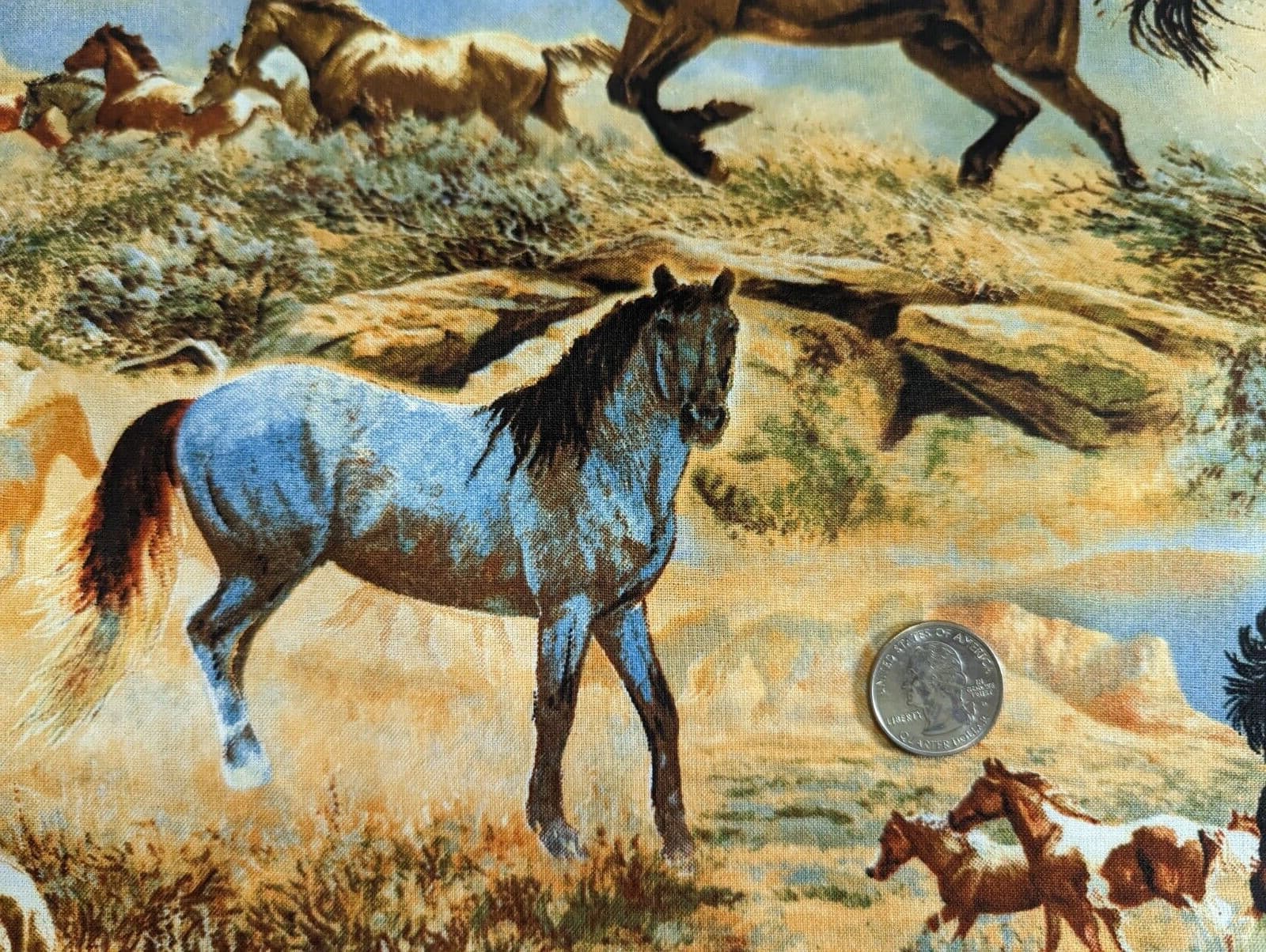 1Yd+15"/43" 100% Supima cotton woven Fab  "Horses in the Prairies"-NOT TOSS- NEW 4