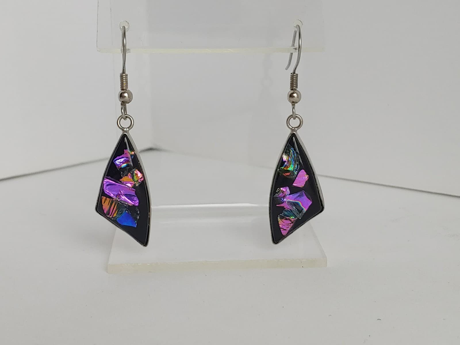 Dichroic Glass Silvertone Geometric Earrings Dangle Drop Black/Multicolor 2in 2