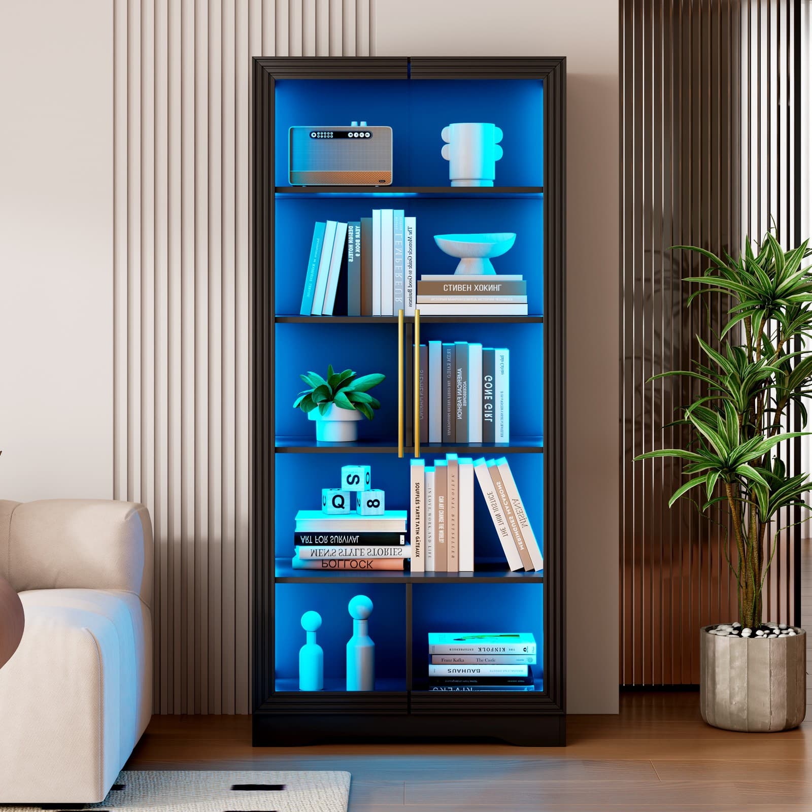 Glass Bookshelves WIth 5 Tier Display Case  For Living Room，White