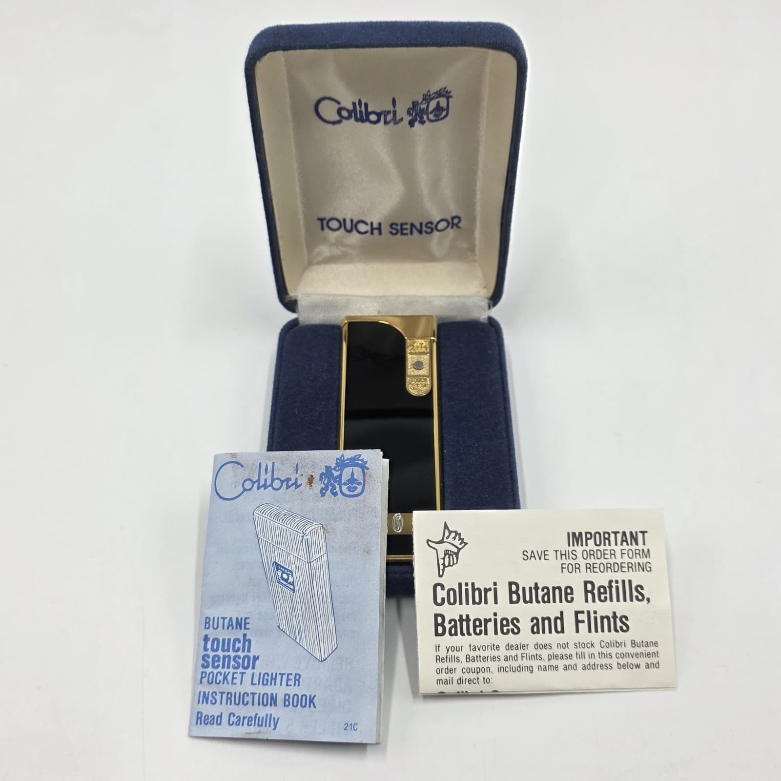 Vintage Colibri Touch Sensor Lighter Black & Gold with Box and Papers Untested 2