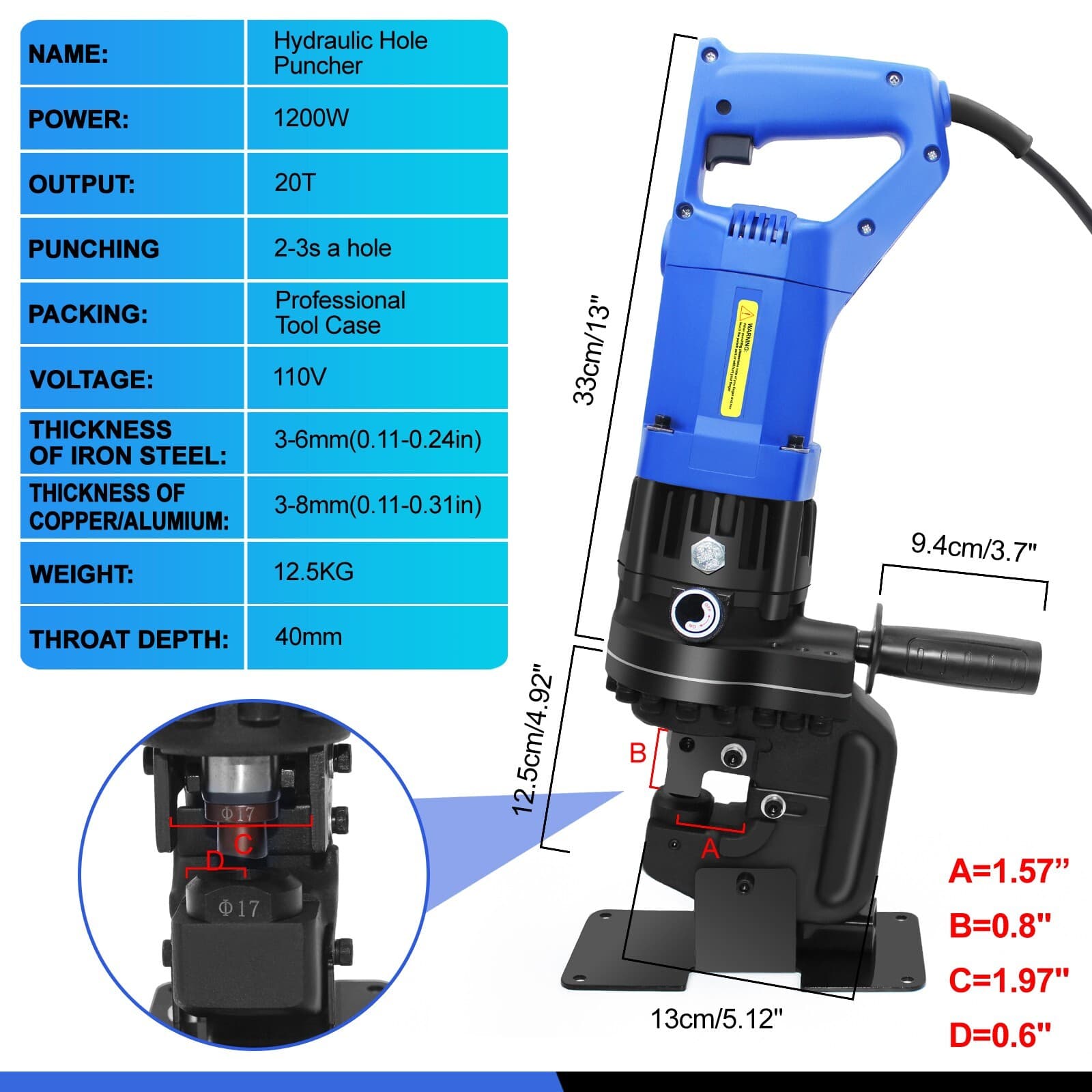 1200W Electric Hydraulic Hole Punch for Metal/Steel,with Die Φ1/4" 3/8" 1/2" 5/8 2