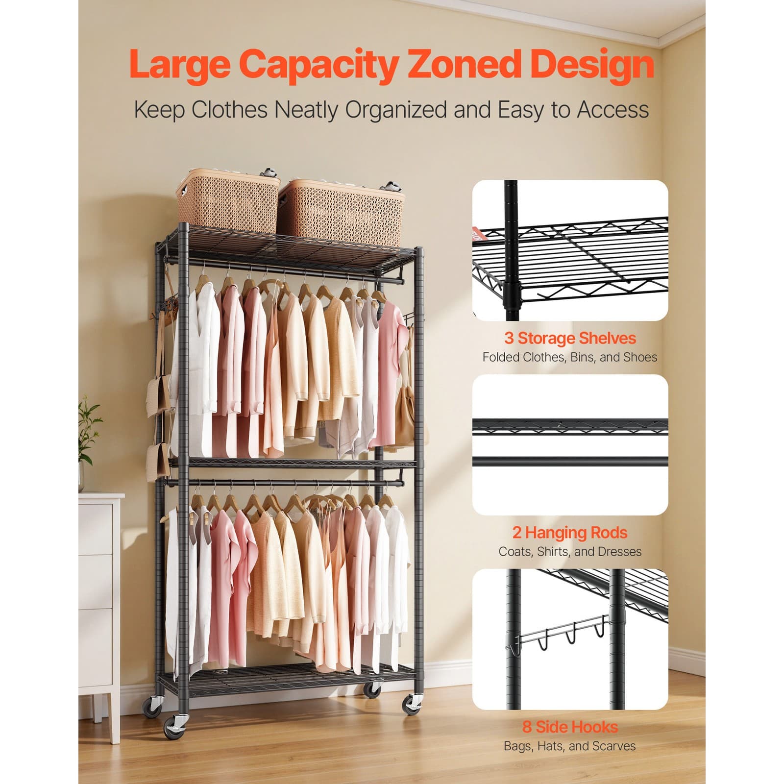 Uimoso Adjustable 3-Tier Rolling Garment Rack for Clothing Storage, Black 2