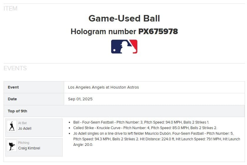 Jo Adell Angels Game Used SINGLE Baseball 9/1/2025 vs Astros STROS LOGO Hit #313 5