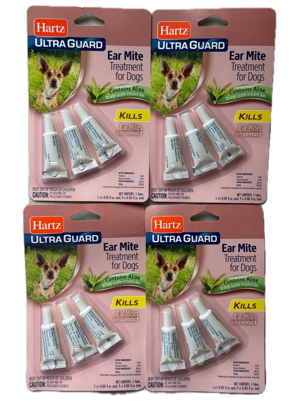 Hartz (Lot of 4) UltraGuard EAR MITE TREATMENT for Dogs WITH ALOE 3 Tubes packs