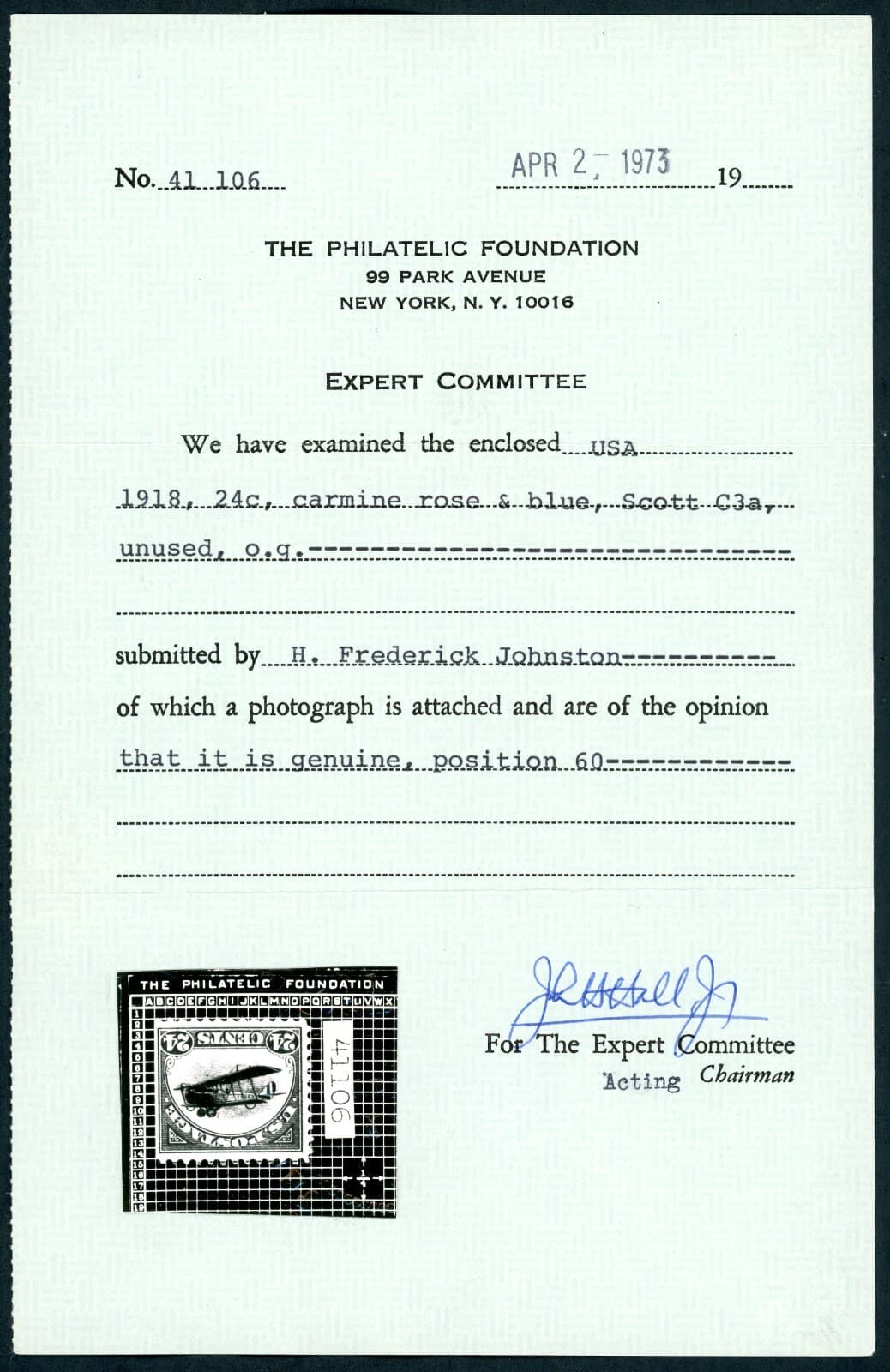 US SCOTT #C3a THE ULTIMATE RARITY INVERTED JENNY POSITION 60 W/ PF CERTIFICATE 3