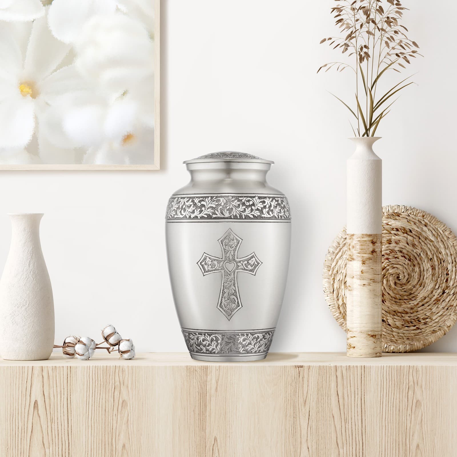Adult Cremation Funeral Urn for Human Ashes, Pewter Etched Cross with Velvet Bag 6