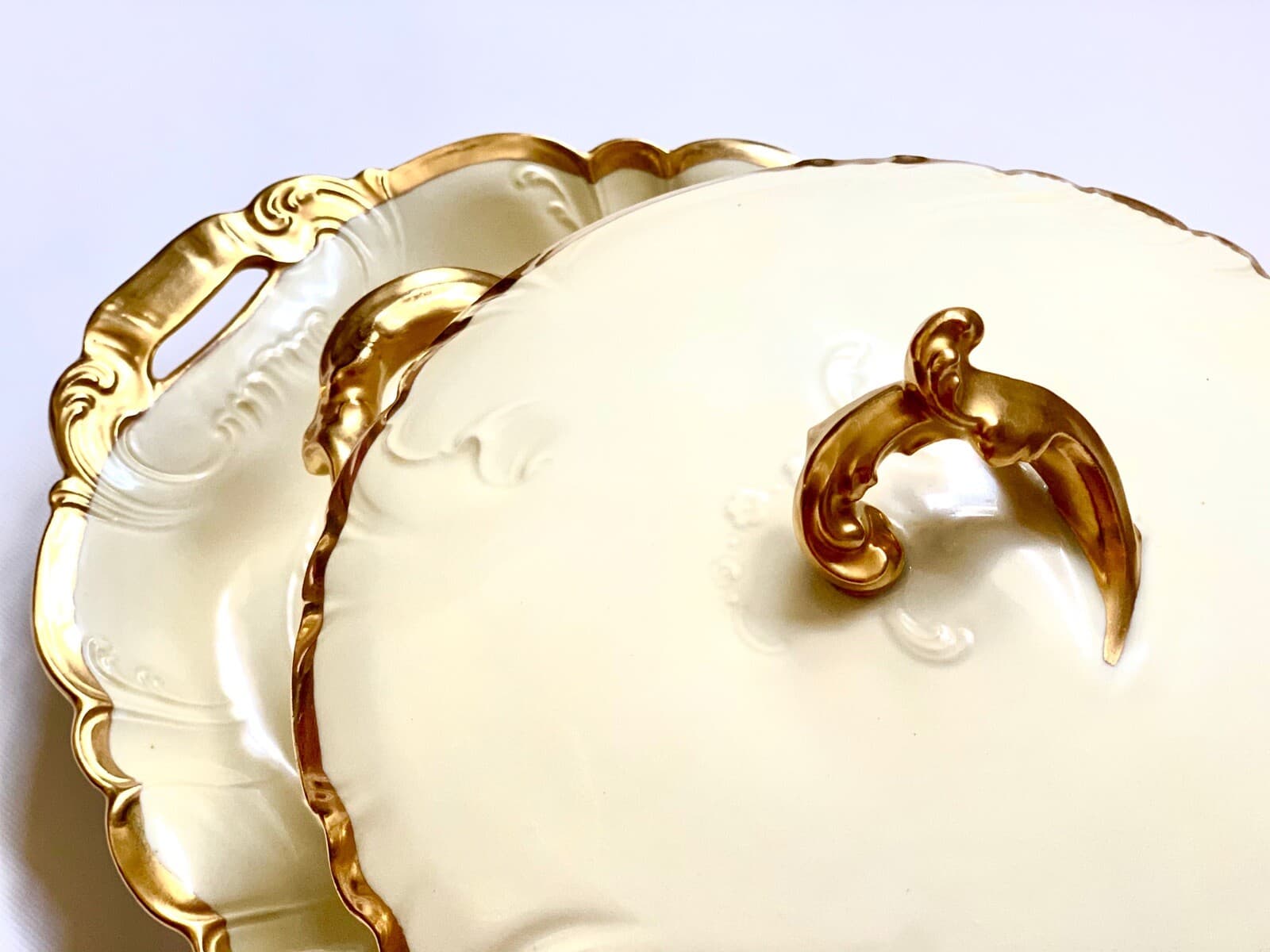 ANTIQUE RARE CHINA CFH GDM FRANCE FRENCH CASSEROLE POT AND PLATTER WITH GOLD RIM 3