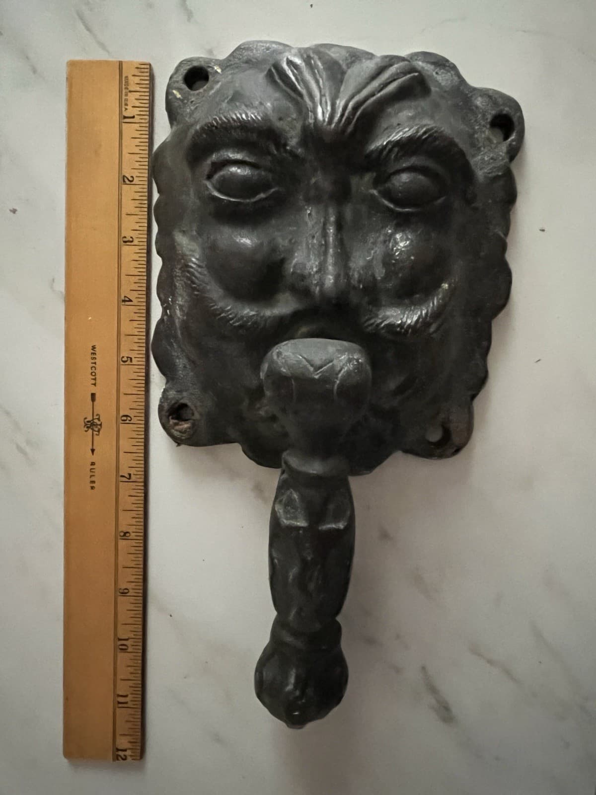 11" ANTIQUE c.1886 VICTORIAN GREEN MAN NORTH WIND FACE DOORKNOCKER 4